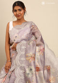 Lavender Floral Printed And EmbroideRed Tissue Saree - Taashi