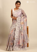 Lavender Floral Printed And EmbroideRed Tissue Saree - Taashi