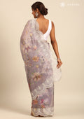 Lavender Floral Printed And EmbroideRed Tissue Saree - Taashi