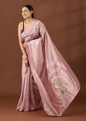 Mauve Tissue Contemporary Embroidered Saree