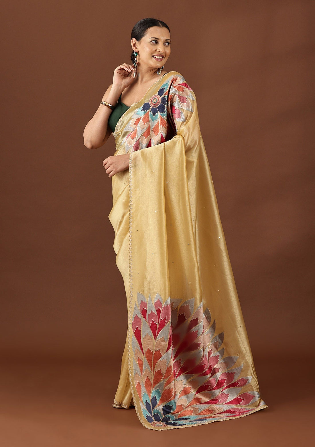 Dusty Yellow Tissue Contemporary Embroidered Saree