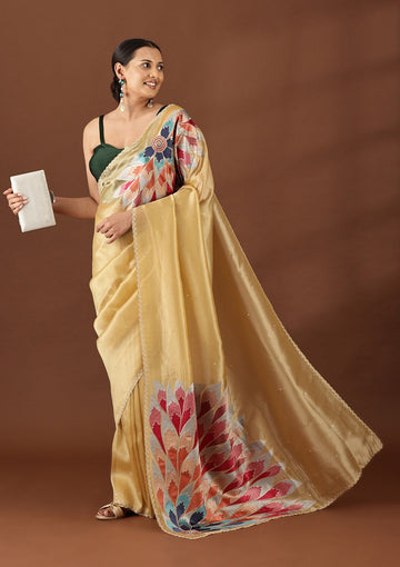 Dusty Yellow Tissue Contemporary Embroidered Saree