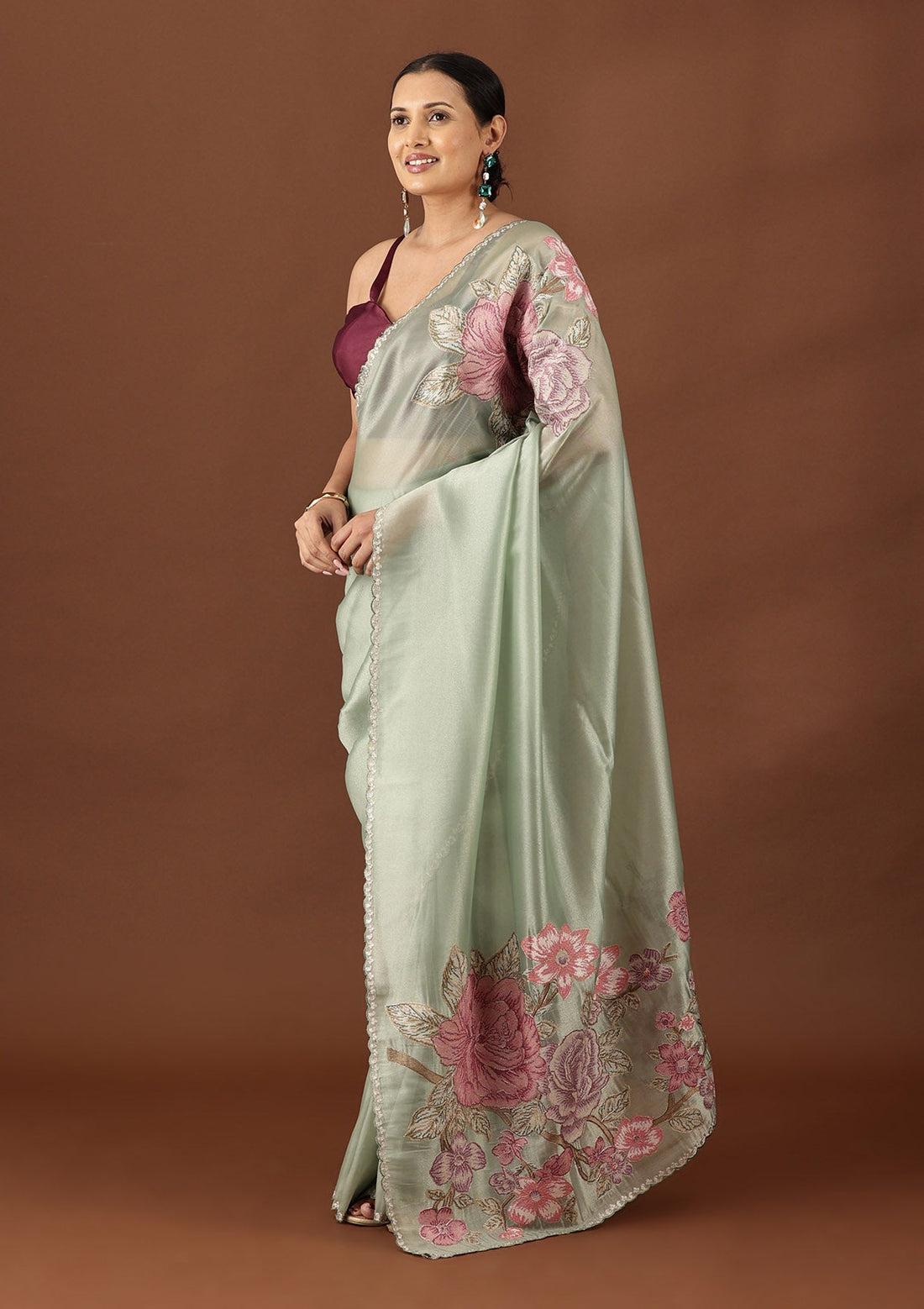 Sage Green Tissue Contemporary Embroidered Saree