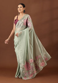 Sage Green Tissue Contemporary Embroidered Saree
