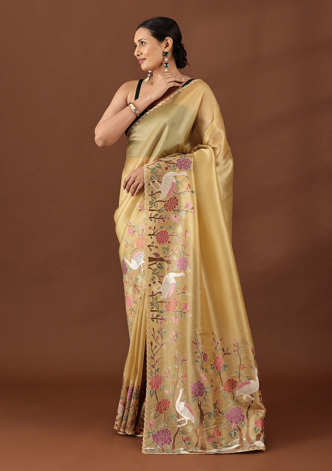 Dusty Yellow Tissue Contemporary Embroidered Saree