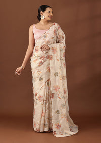 Taupe Tissue Printed Embroidered Saree