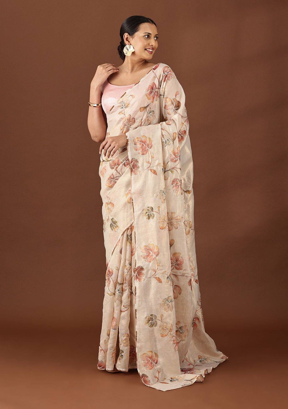 Taupe Tissue Printed Embroidered Saree