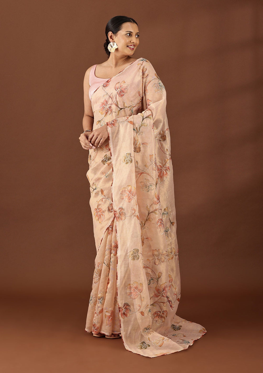 Pastel Peach Tissue Printed Embroidered Saree