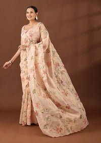 Pastel Peach Tissue Printed Embroidered Saree