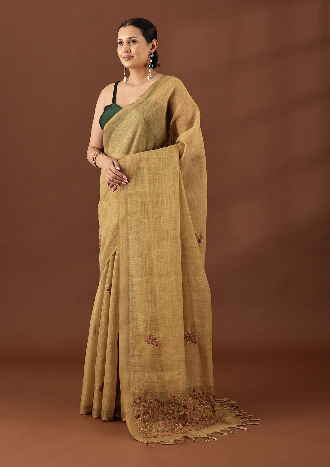 Amber Gold Tissue Hand Embroidered Tissue Saree