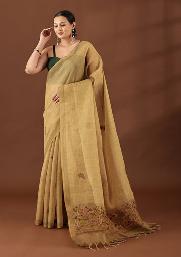 Amber Gold Tissue Hand Embroidered Tissue Saree