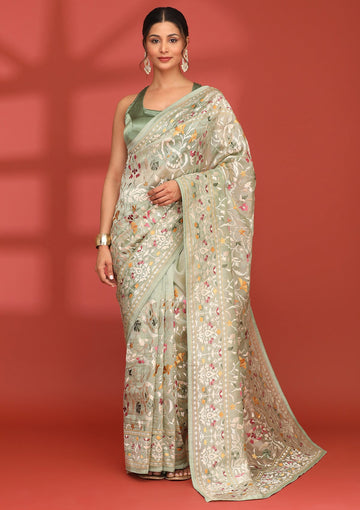 Sage Green Tissue Contemporary Embroidered Saree