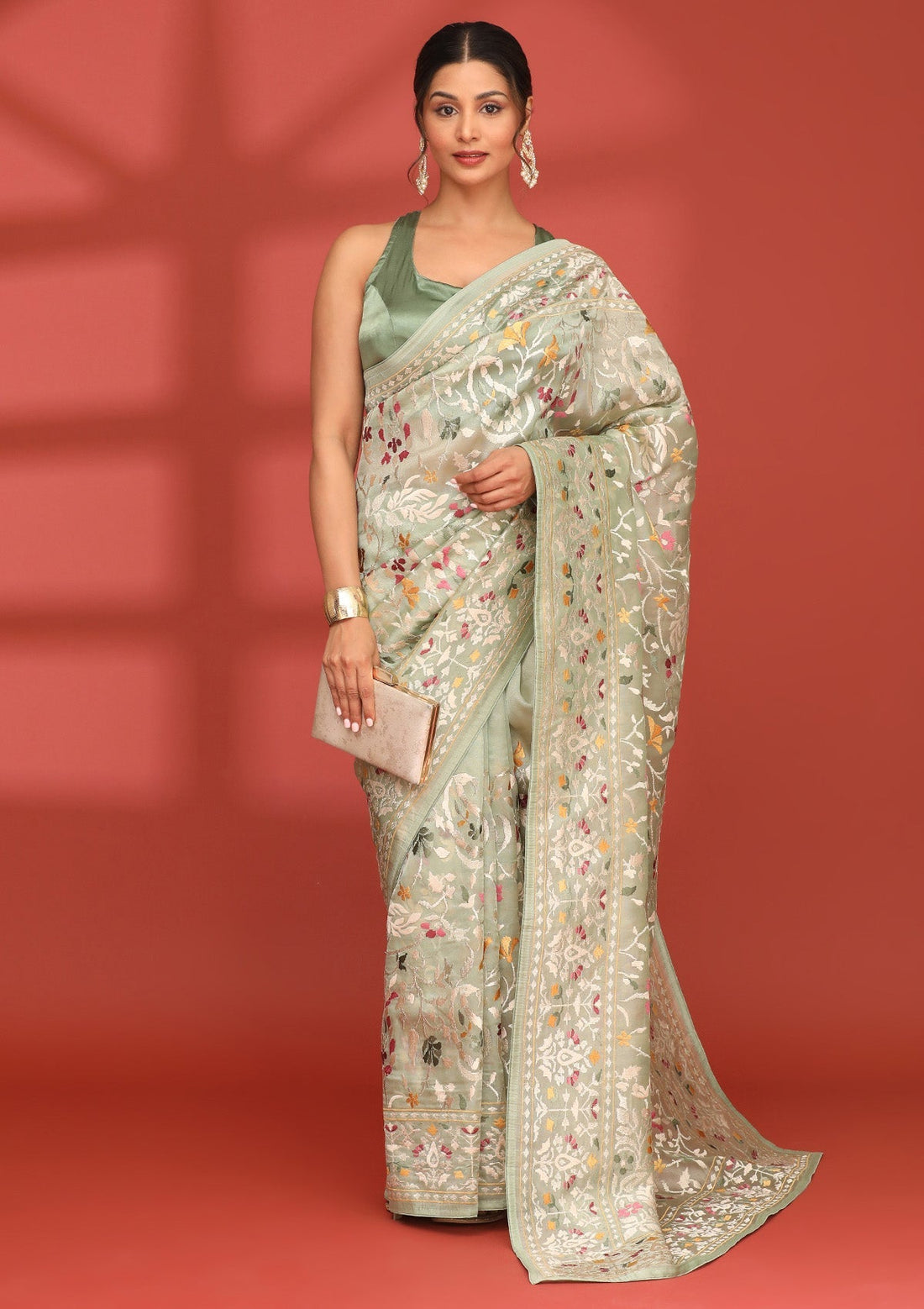 Sage Green Tissue Contemporary Embroidered Saree
