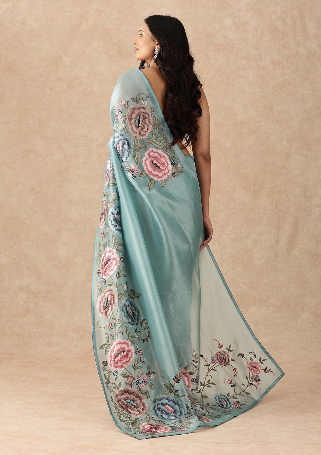 Dusty Blue Tissue Contemporary Embroidered Saree