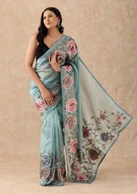 Dusty Blue Tissue Contemporary Embroidered Saree