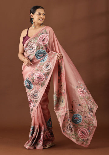 Blush Pink Tissue Contemporary Embroidered Saree