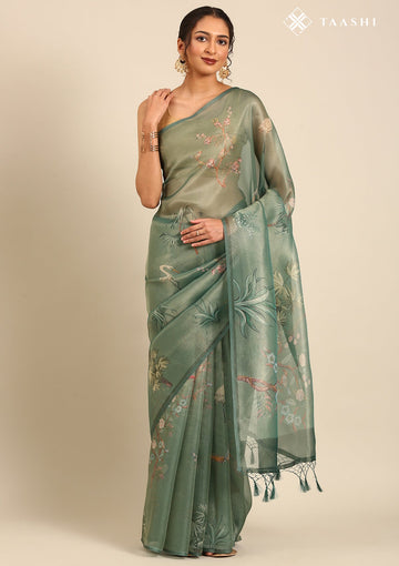 Mint Green Tissue Contemporary Printed Saree