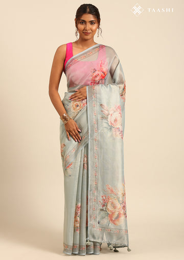 Pastel Blue Floral Printed And Aari EmbroideRed Tissue Organza Saree