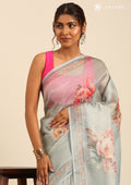 Pastel Blue Floral Printed And Aari EmbroideRed Tissue Organza Saree - Taashi