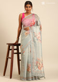 Pastel Blue Floral Printed And Aari EmbroideRed Tissue Organza Saree - Taashi