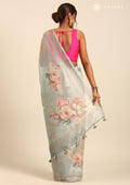 Pastel Blue Floral Printed And Aari EmbroideRed Tissue Organza Saree - Taashi