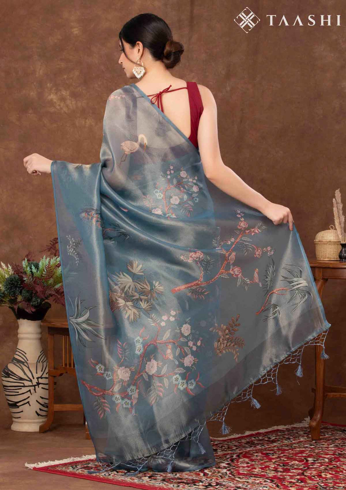 Dusty Blue Tissue Contemporary Printed Saree