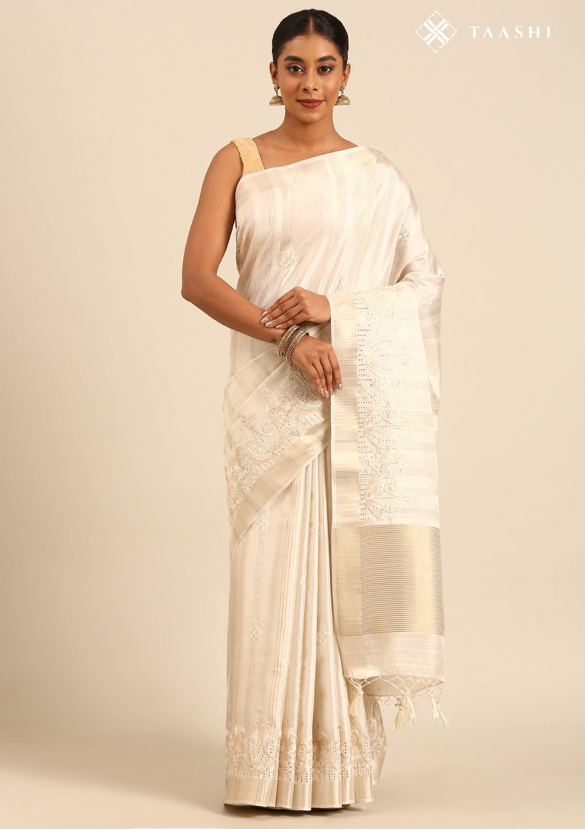 Cream Color EmbroideRed Cut Work Tussar Saree