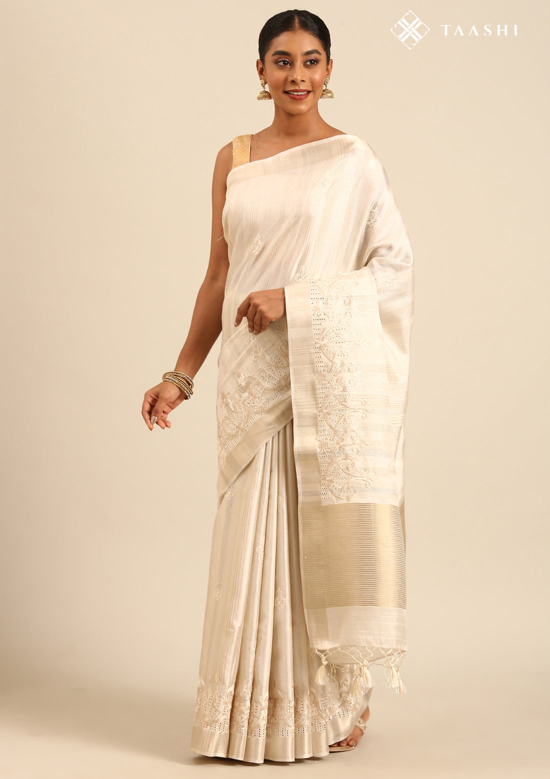 Cream Color EmbroideRed Cut Work Tussar Saree