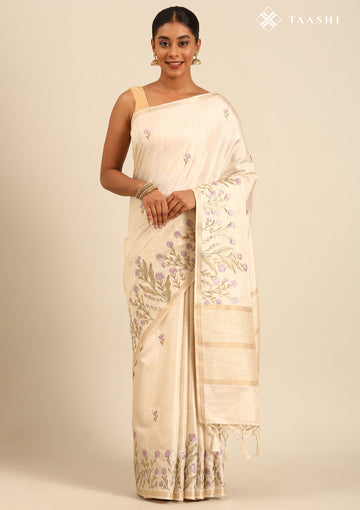 Cream Color Floral EmbroideRed Tussar Saree