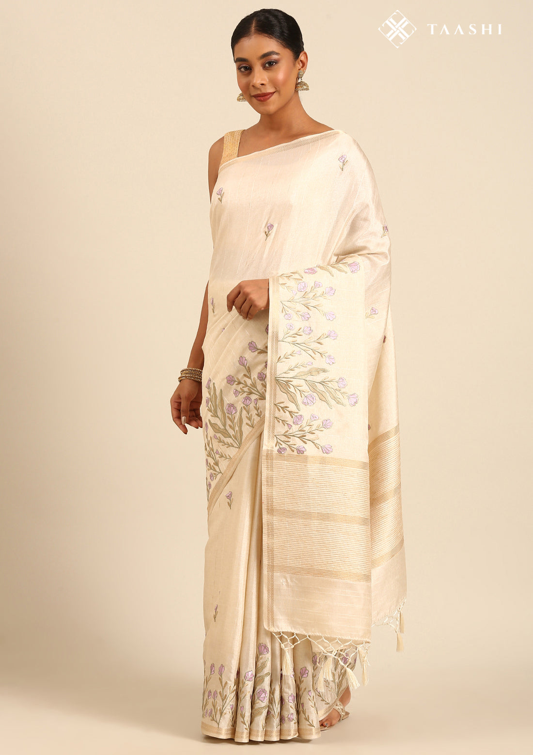 Cream Color Floral EmbroideRed Tussar Saree