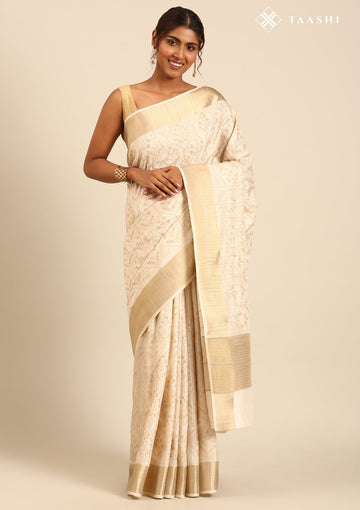 Beige Tussar Contemporary Embroidered Floral Sequins Saree