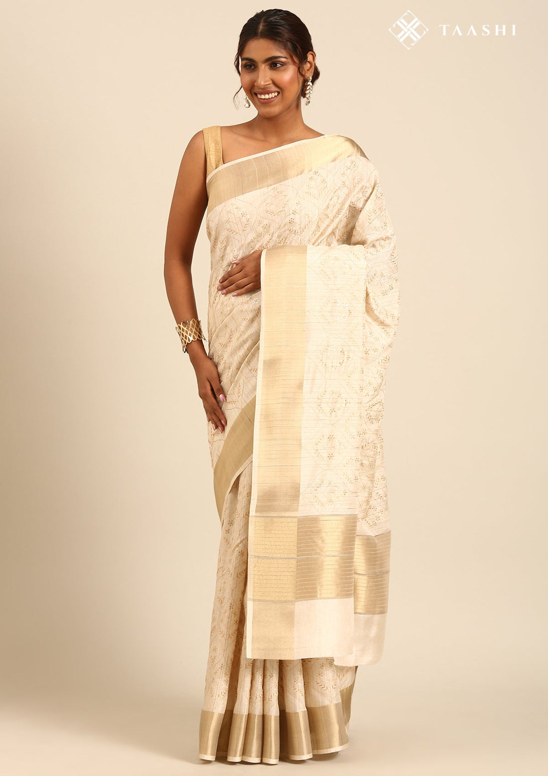 Beige Tussar Contemporary Embroidered Floral Sequins Saree