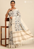 Cream A/O Jaal Floral Embroiderd Tussar Saree - Taashi