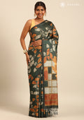 Dark Green And Orange Abstract Printed Tussar Saree - Taashi