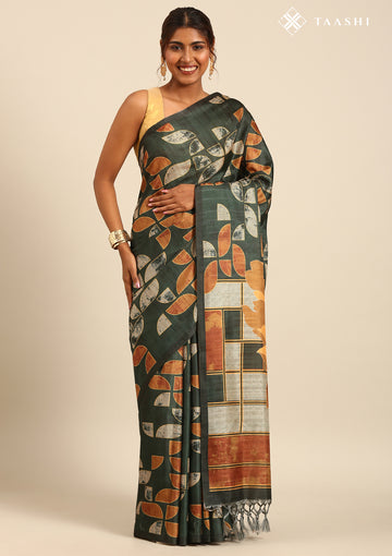 Dark Green And Orange Abstract Printed Tussar Saree