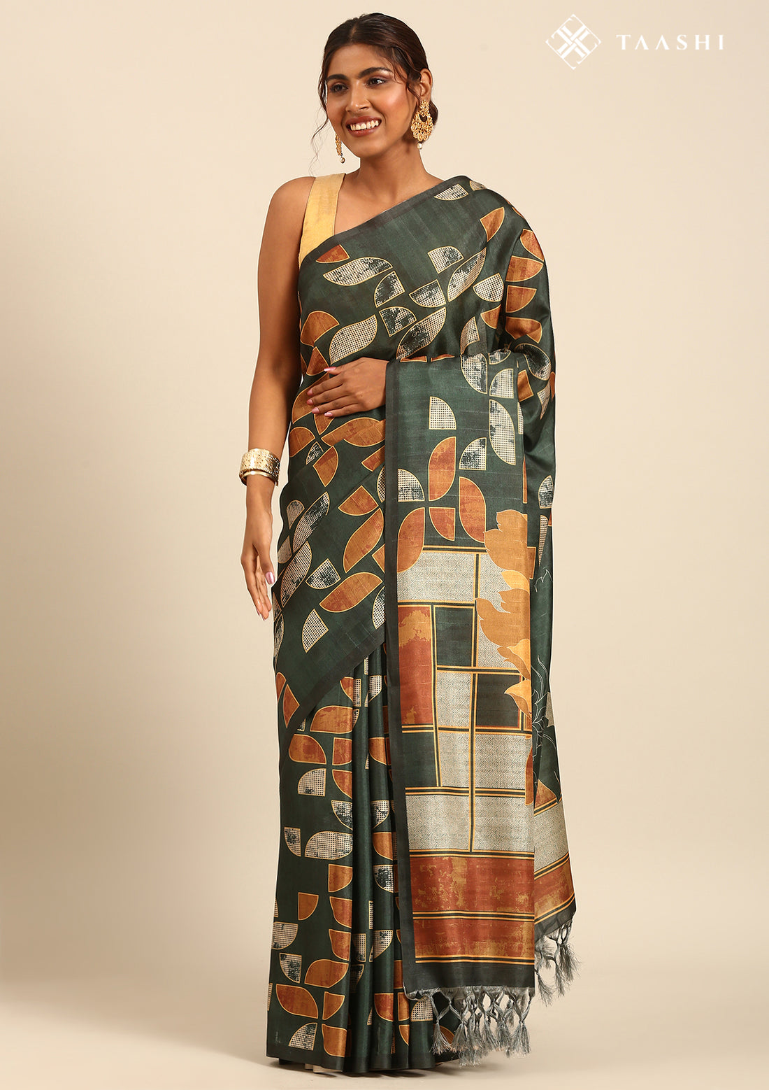 Dark Green And Orange Abstract Printed Tussar Saree
