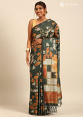 Dark Green And Orange Abstract Printed Tussar Saree - Taashi