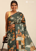 Dark Green And Orange Abstract Printed Tussar Saree - Taashi