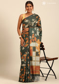 Dark Green And Orange Abstract Printed Tussar Saree - Taashi