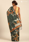 Dark Green And Orange Abstract Printed Tussar Saree - Taashi