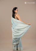 Pastel Blue EmbroideRed Cut Work And Printed Border Saree - Taashi