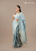 Pastel Blue EmbroideRed Cut Work And Printed Border Saree - Taashi