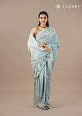 Pastel Blue EmbroideRed Cut Work And Printed Border Saree - Taashi