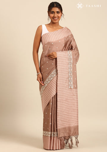 Brown EmbroideRed Cut Work And Printed Border Saree