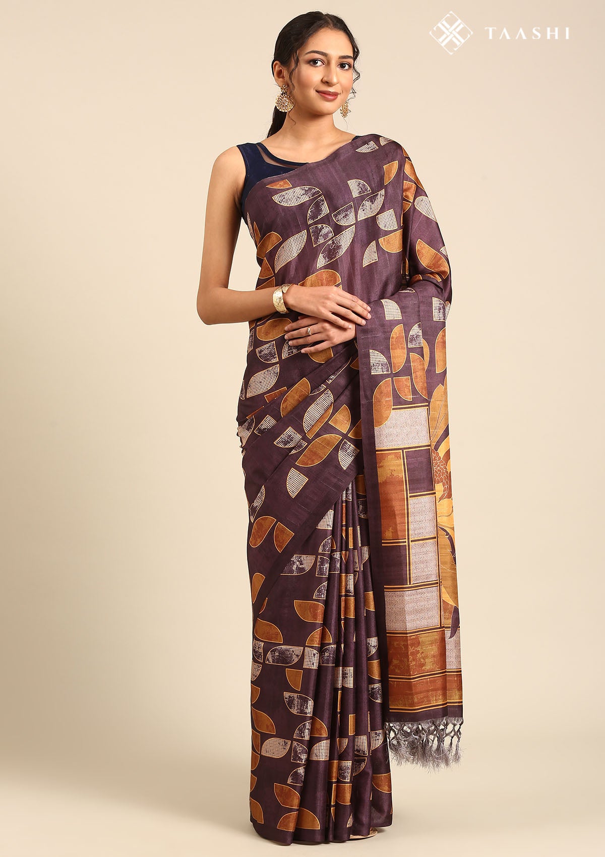 Dark Purple And Orange Abstract Printed Tussar Saree - Taashi