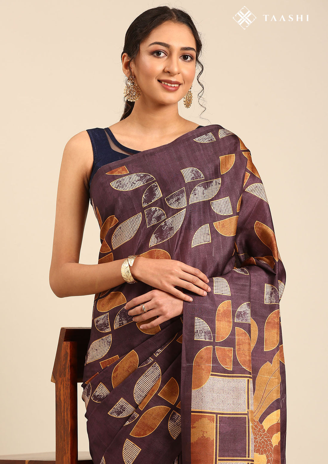 Dark Purple And Orange Abstract Printed Tussar Saree