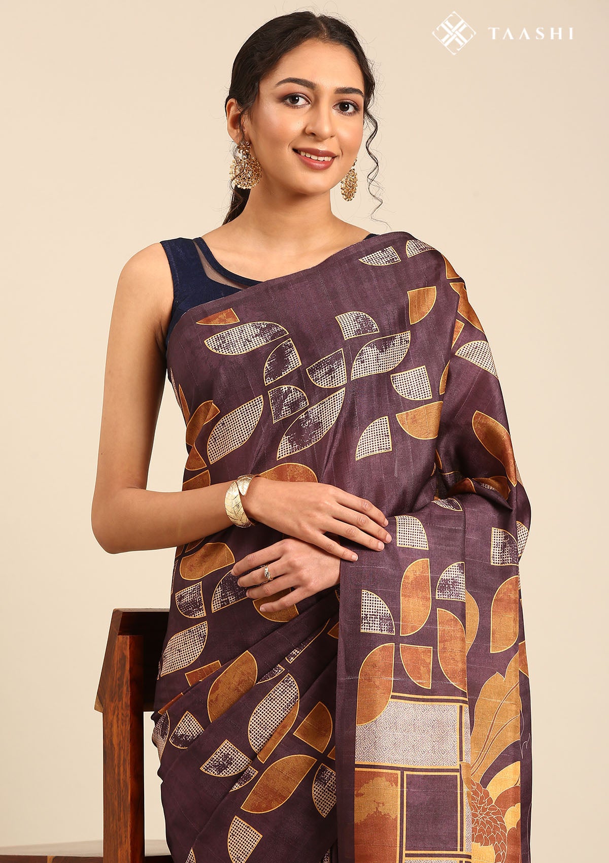 Dark Purple And Orange Abstract Printed Tussar Saree - Taashi