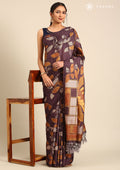 Dark Purple And Orange Abstract Printed Tussar Saree - Taashi