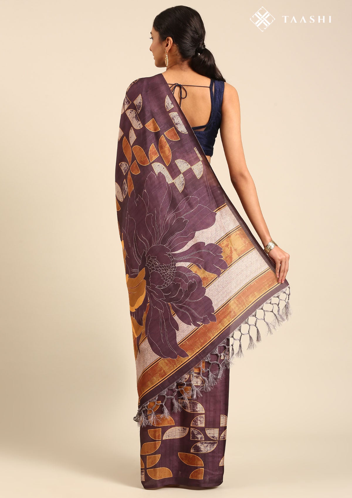Dark Purple And Orange Abstract Printed Tussar Saree - Taashi