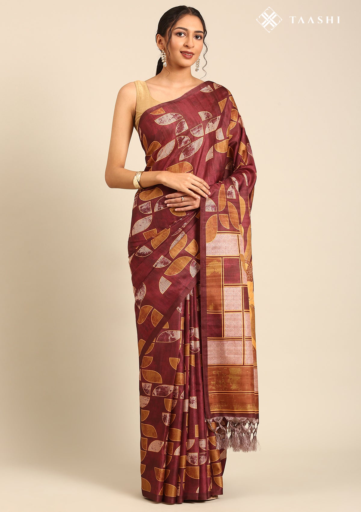Maroon And Orange Abstract Printed Tussar Saree